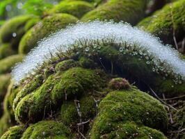 Creative Macro Scene of Leaf and Raindrops in Woods photo