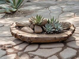 Succulent Garden in Rustic Log Planter Indoors photo
