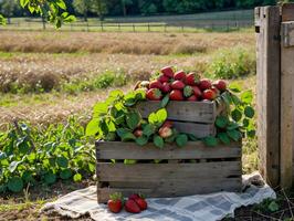 Freshly Harvested Strawberries in Rustic Wooden Crate photo