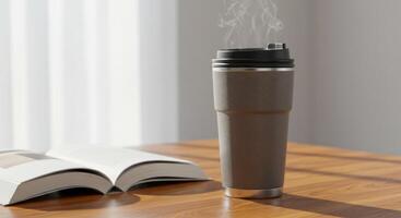 Cozy reading corner with steaming coffee cup on a wooden table surface photo