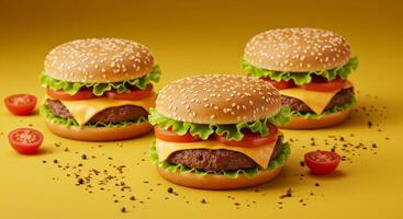 Three appetizing hamburgers with fresh ingredients on a vibrant yellow backdrop photo