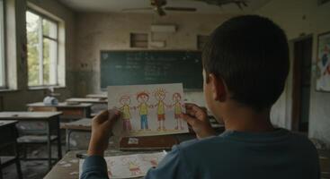 A child gazes at his drawing in an abandoned classroom evoking memories photo