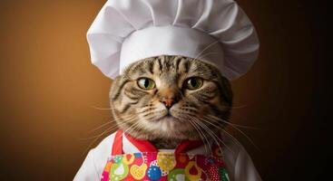 Charming tabby cat wearing a chef's hat and colorful apron portrait image photo