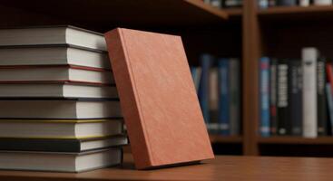 Detailed scene of books stacked on a wooden surface with a library backdrop photo