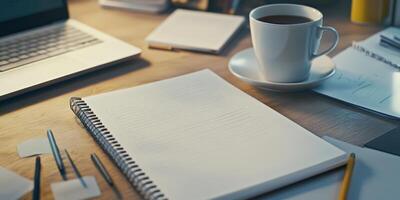 A designer struggles with a blank canvas, abandoned sketches, and cold tea in soft, muted light photo