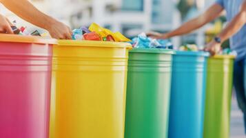 Community members sort waste into recycling bins, promoting environmental awareness at a city cleanup event photo
