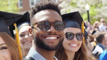 Graduates smile and laugh while capturing a memorable selfie together on a sunny graduation day photo