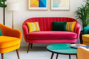 This chic interior features bold chenille sofas, soft textures, and retro designs for a cozy vibe photo