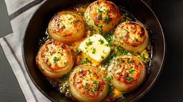 Baked onions are skillfully crafted in a cast-iron skillet, showcasing melting butter and vibrant herbs photo