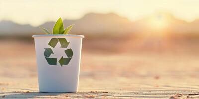 A small green plant sprouts from a white recycled cup, with a recycle symbol printed on it photo