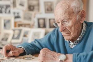 Elderly man examining old photographs in a home photo
