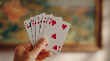 A hand displays playing cards in a vintage room, surrounded by soft textures and a nostalgic atmosphere photo