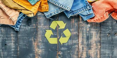 Colorful used clothing items arranged on a rustic wood surface, with a yellow recycle symbol at the center photo