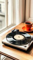 A cozy hotel room with a record player and coffee on a table sets a peaceful vibe photo