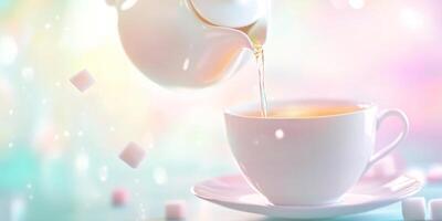 Teapot pours tea into a cup as sugar cubes float above, showcasing playful defiance of gravity and physics photo
