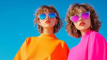 Two young women showcase bold fashion in bright dresses and unique glasses, exuding modern energy and artistic style photo