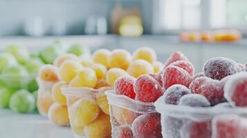 Colorful frozen fruits in zipper bags are displayed on a table in a bright kitchen, showcasing their icy texture photo