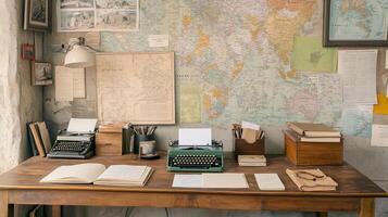 Writers engage with typewriters and vintage maps in a tranquil setting promoting creativity and mindfulness photo