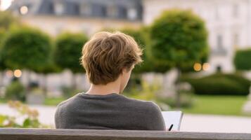 A young traveler captures cozy moments by writing postcards at a park bench with an old town backdrop photo