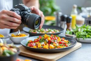 A food blogger captures a vibrant mango pickle on a wooden board with a pro camera in natural light photo
