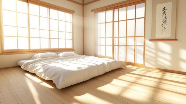 esta tradicional dormitorio caracteristicas un bajo colchón vestido en lino lecho, creando un acogedor y relajante atmósfera foto