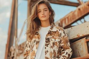 A girl in a cow print jacket and cowboy boots confidently poses outdoors by a weathered wooden backdrop photo