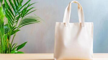 Eco-friendly tote bag showcases its natural look surrounded by vibrant greenery in warm tones, Earth Day concept photo