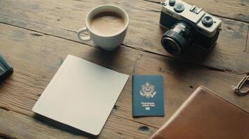 A cozy desk filled with a passport, travel itinerary, camera, and steaming coffee ready for the trip ahead photo