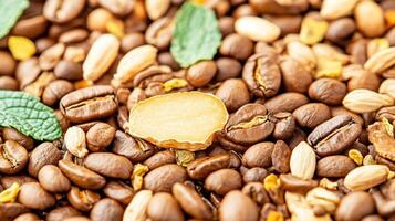 Detailed view of mixed coffee beans and herbs showcasing natural textures and inviting flavors photo
