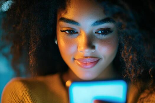 en oscuro luz, un persona disfruta desplazamiento mediante su teléfono, con azul brilla reflejando en su cara foto