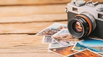 Close-up of a vintage camera with travel photos, capturing analog memories and mindful journeys photo
