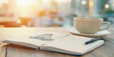 Sketchbook open to a detailed drawing of a landmark, with tea and pen complementing the creative moment photo
