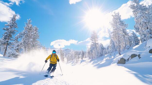 dinámica esquiar momento capturado con alto pinos, rocas, y un vibrante azul cielo en el antecedentes foto