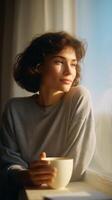 Sipping tea while gazing out the window, she enjoys a peaceful morning moment with an open notebook photo