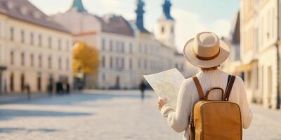 Traveler uses a paper map to explore a charming European town while carrying a vintage suitcase photo