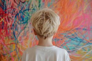 A boy standing with his back to us against a background of multi-colored tangled threads photo