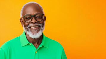 An elderly man with a beard smiles confidently, wearing a bright green shirt, set against a vivid orange background photo