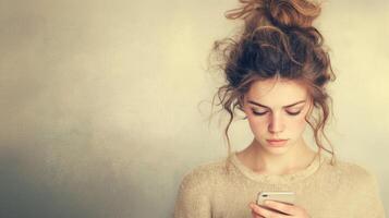 A woman stares intently at her phone, her expression reflecting the weight of digital fatigue and anxiety, digital burnout concept photo