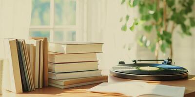 A traveler writes in a journal beside stacks of books and a record player in a serene hotel nook photo