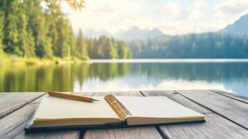 Travelers enjoy sketching beautiful landscapes by a peaceful lake in a serene, screen-free environment photo