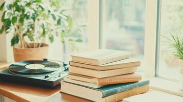 A traveler writes in a journal amidst books and a record player in a vintage hotel nook photo