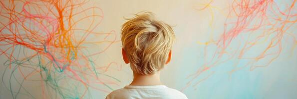 A boy standing with his back to us against a background with multi-colored lines photo