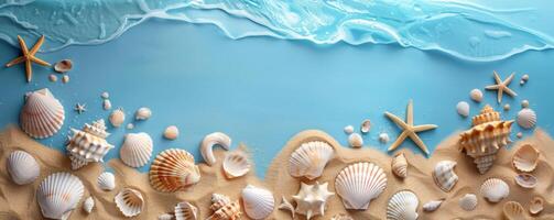 Various seashells, sand and sea water on a blue background photo