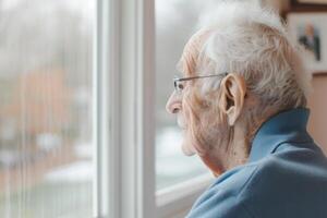 Elderly man looking out window on cloudy day photo