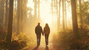 A couple strolls hand in hand on a forest trail, soaking in the serene atmosphere away from technology photo