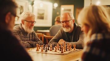 Friends gather for chess and storytelling in a serene countryside inn, embracing a screen-free evening photo