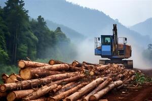 Deforestation in rural areas, destruction of forests with heavy machinery felling trees, timber harvesting. photo