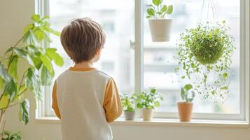 Child gazes at kokedama plants hanging by the window, connecting with nature in a cozy indoor space photo