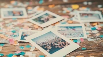 Scattered Polaroids reveal joyful moments from the party, surrounded by confetti and remnants of celebration photo