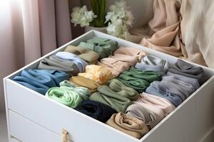 A white drawer with neatly laid out and sorted clothes in the room photo